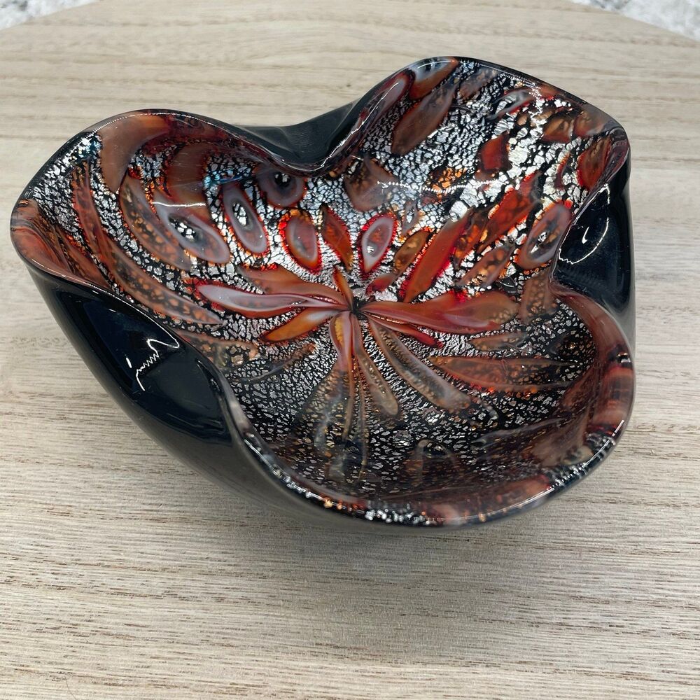 Vintage Murano Style Art Glass Confetti Bowl Aventurine MCM Black Red Silver